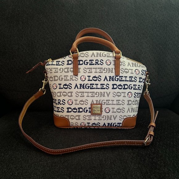 Dooney & Bourke Dodgers Charli Satchel. White, blue, grey. Brown accents. NWT